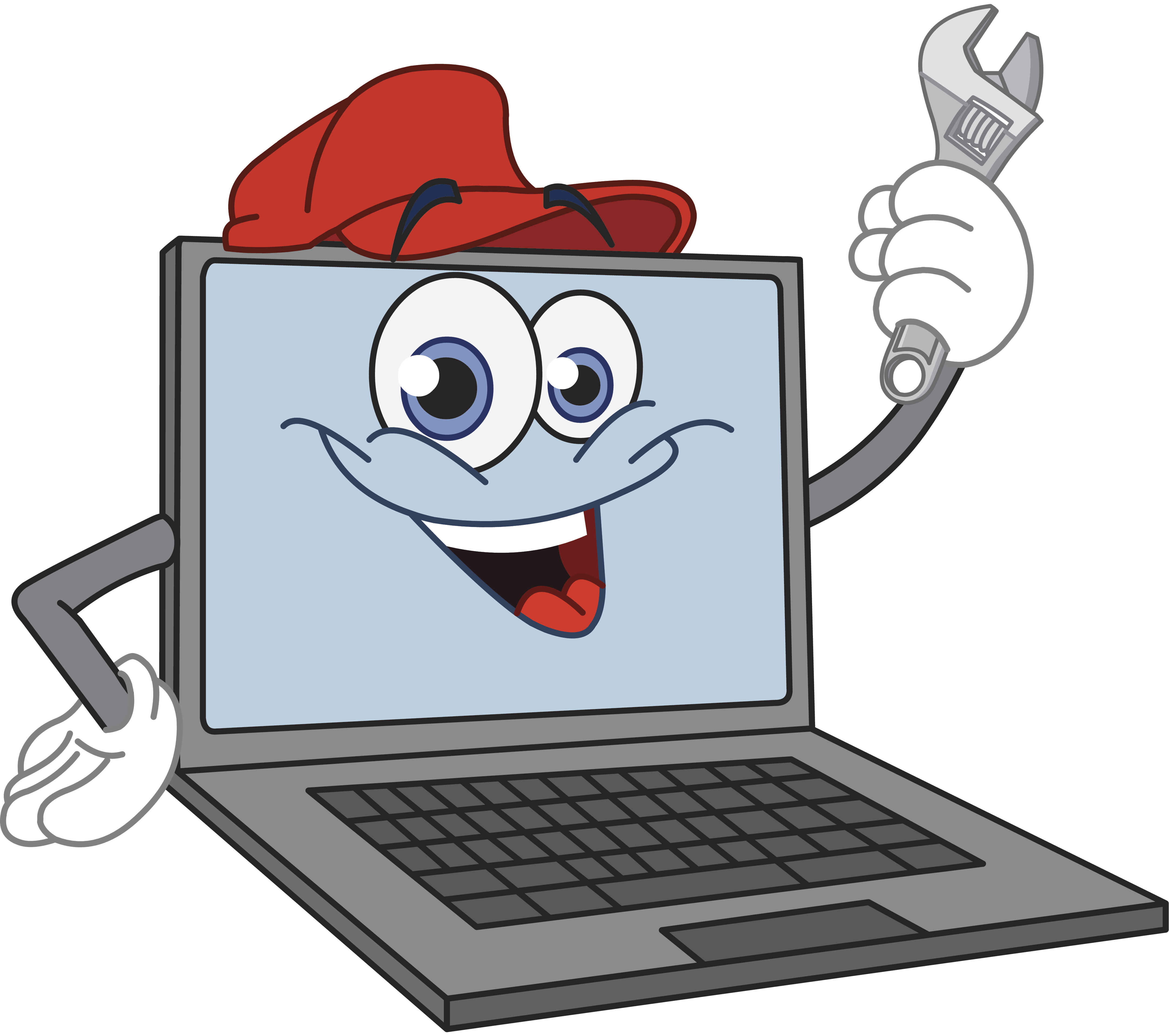 Friendly cartoon laptop with a smiling face, red cap, and wrench in hand-symbolizing tech support and repair services.