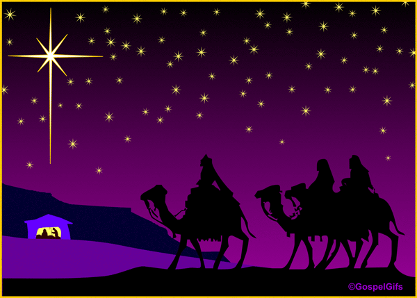 Three wise men on camels follow the Star of Bethlehem toward a glowing stable under a starry night sky.