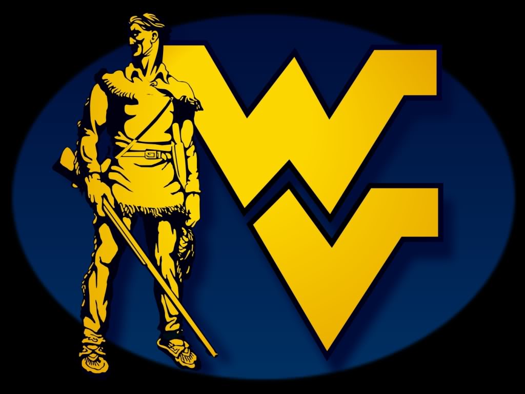 West Virginia University Mountaineer mascot logo with yellow figure and blue oval background.