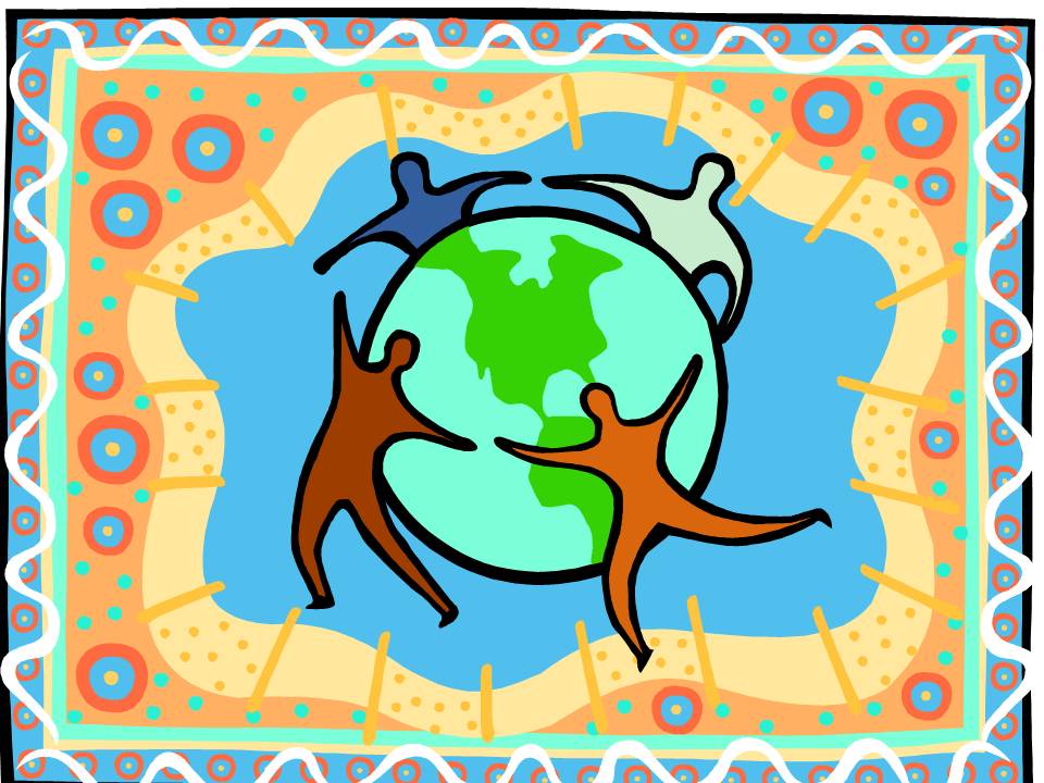 Four stylized human figures embracing a green and blue Earth within a colorful patterned border.