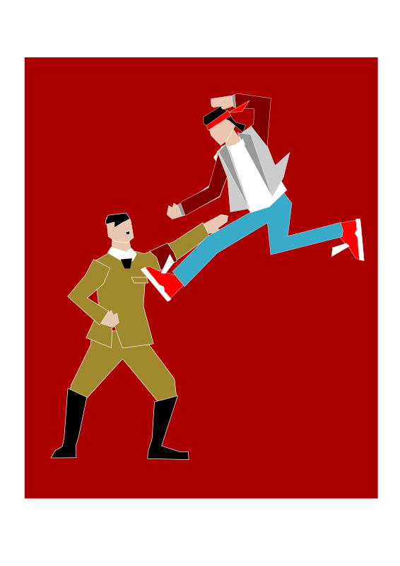 Stylized illustration of a martial artist delivering a high kick to an opponent in a military-style uniform against a red background.