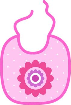 Pink baby bib with white polka dots and a purple-pink floral design in the center.