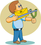 Man aiming a slingshot with an email envelope, symbolizing targeted email marketing.