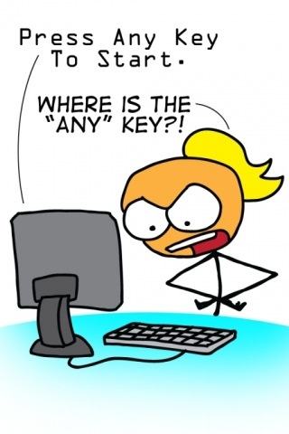 Frustrated cartoon character yelling "Where is the 'ANY' key?!" while staring at a computer with "Press Any Key To Start" on screen.