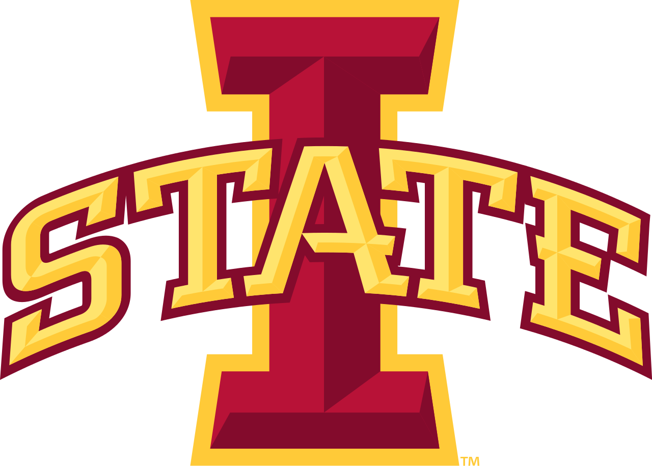 Iowa State University logo featuring a bold maroon and gold "I" with "STATE" arched below in 3D block letters.