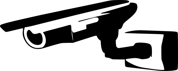 Black-and-white stylized illustration of a security camera mounted on a bracket, angled downward for surveillance coverage.