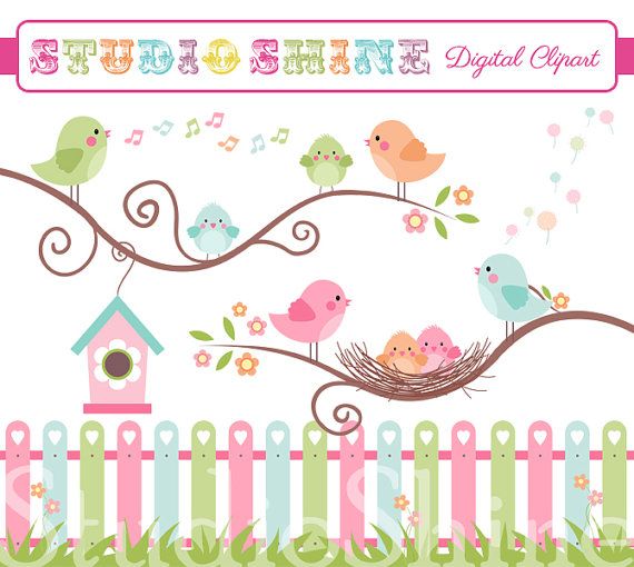Colorful cartoon birds singing on branches above a pastel picket fence with a birdhouse and nest.