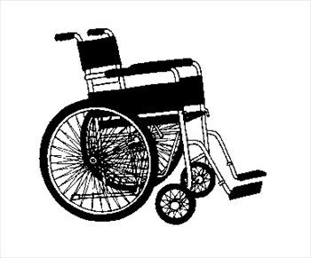 Black-and-white line drawing of a standard manual wheelchair with large rear wheels and footrests.