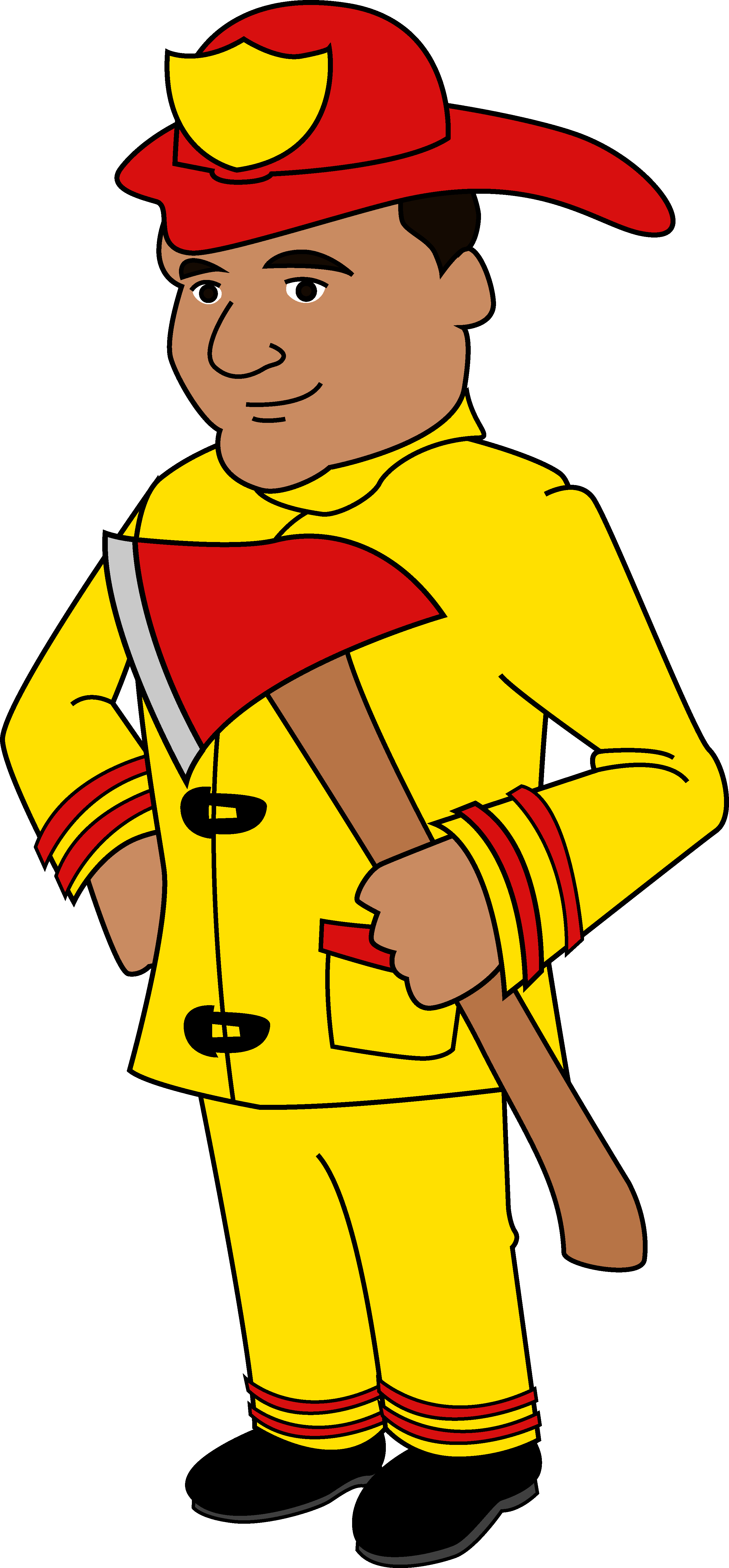 Cartoon firefighter in yellow uniform and red helmet holding an axe, smiling confidently.