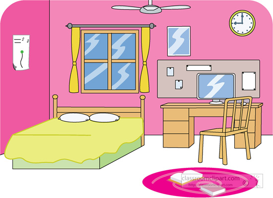 Bright pink bedroom with bed, desk, computer, window, and ceiling fan-cartoon style interior illustration.
