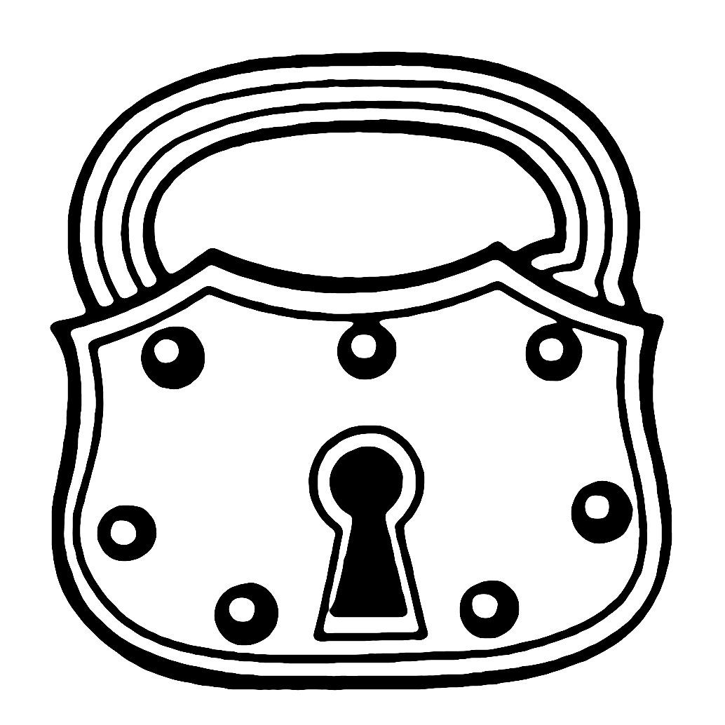 Black-and-white line drawing of a vintage padlock with keyhole and rivets.
