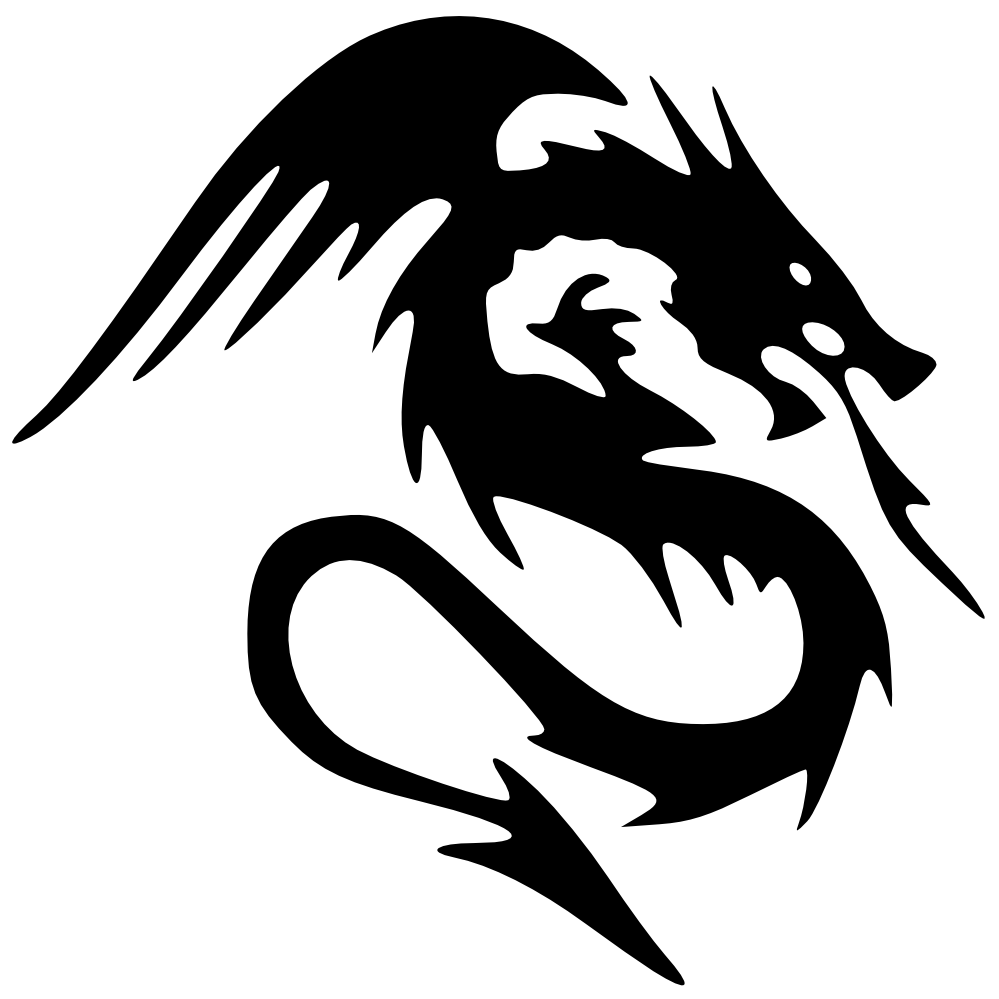 Black silhouette of a stylized winged dragon with flowing curves and sharp features on white background.