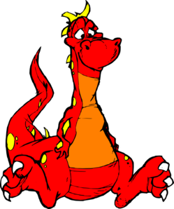 A friendly cartoon red dragon with yellow spikes, orange belly, and expressive eyes sitting against a black background.
