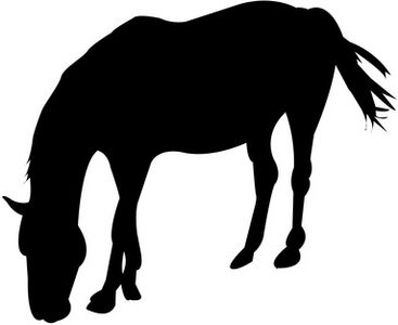 Black silhouette of a horse grazing on grass against a white background.