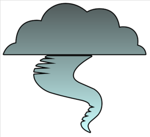 Stylized illustration of a tornado forming beneath a dark storm cloud, with swirling funnel and gradient shading.