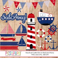 Nautical-themed clipart collection featuring lighthouse, sailboats, anchors, lifebuoys, and bunting flags in red, white, and navy.