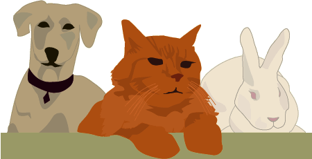 A gray dog, orange cat, and white rabbit sit side by side on a green surface against a pale yellow background.