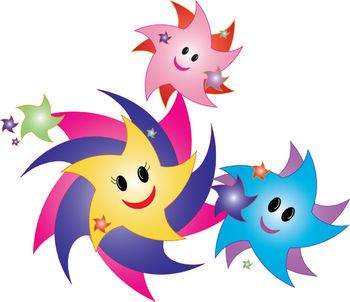Three cheerful cartoon stars-yellow, pink, and blue-with smiling faces, swirling arms, and small star accents on a white background.