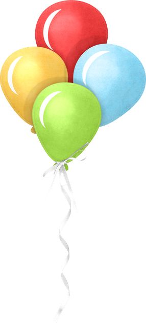 Four colorful balloons-red, yellow, green, and blue-tied together with a white ribbon against a white background.