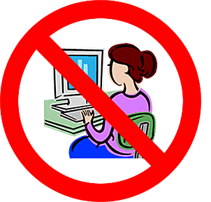 Woman using computer with red prohibition symbol overlay indicating restricted or prohibited activity.