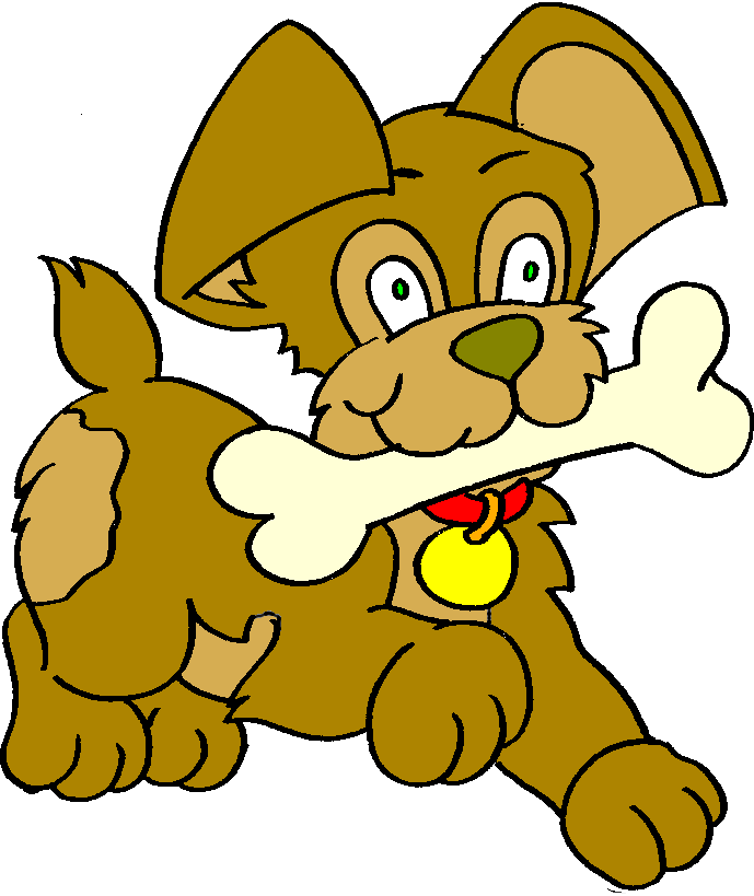 Cute cartoon brown puppy with green eyes holding a bone in its mouth, wearing a red collar with yellow tag.