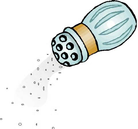 Hand-drawn illustration of a glass salt shaker with perforated cap dispensing fine white salt crystals.
