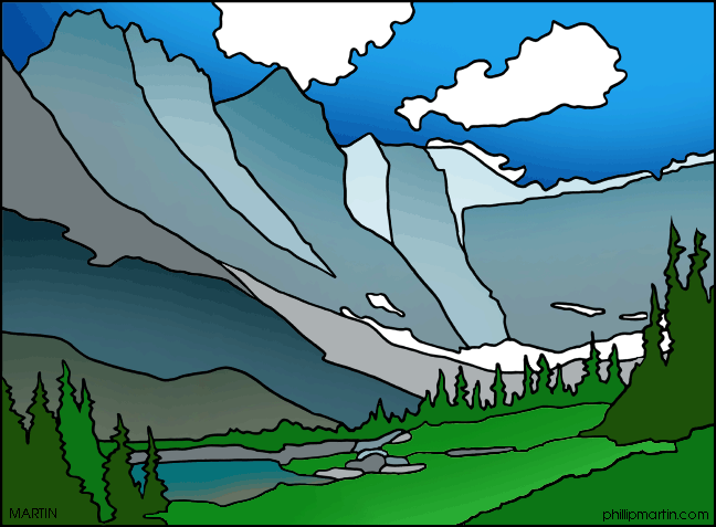 Stylized mountain landscape with snow-capped peaks, evergreen trees, a serene lake, and blue sky with clouds.
