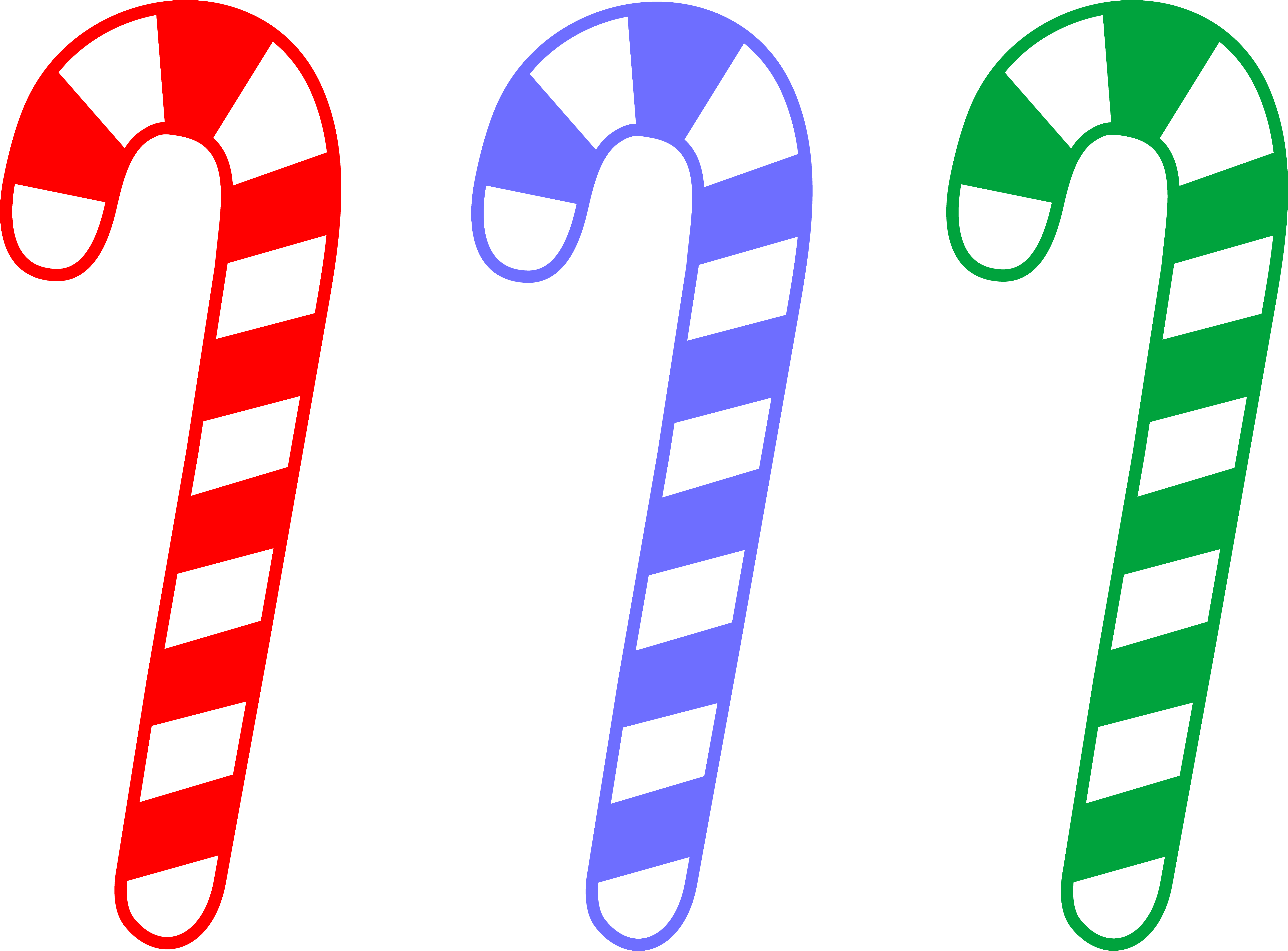 Three stylized candy cane icons in red, blue, and green with white spiral stripes on black background.
