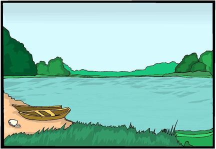 A wooden rowboat rests on a grassy lakeshore beside calm blue water, with lush green trees lining the distant bank.