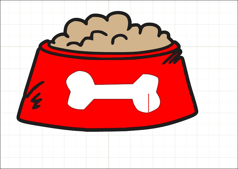 Red dog food bowl with white bone emblem, filled with kibble, on grid background.