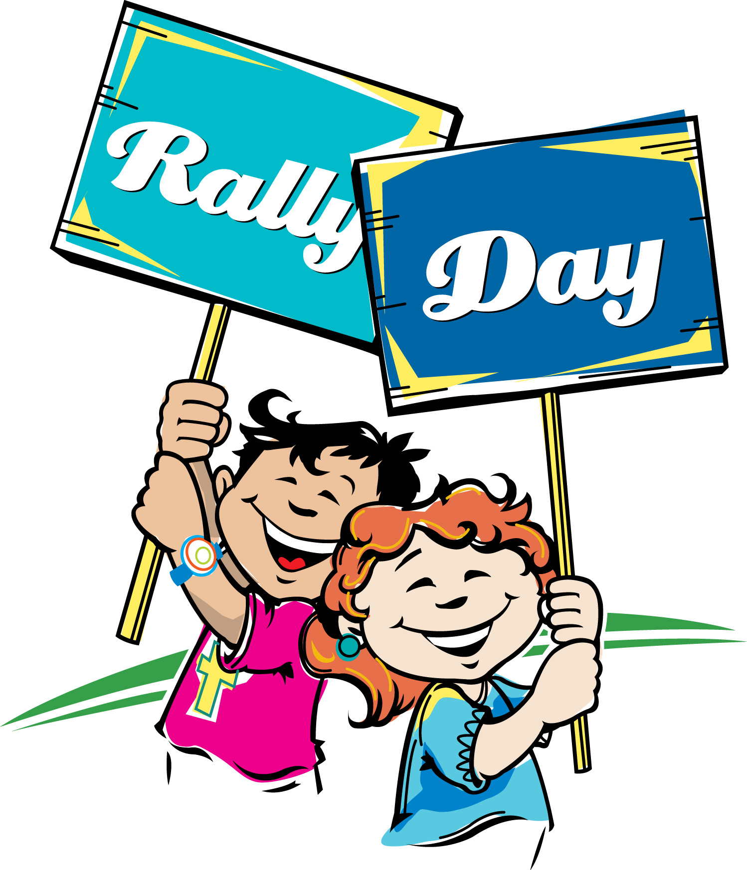 Two smiling children holding "Rally Day" signs in a cheerful cartoon illustration.