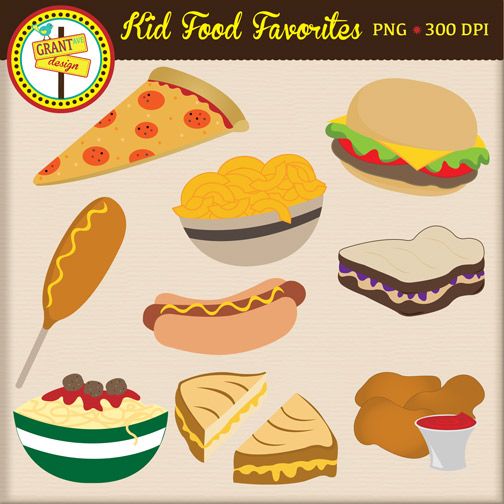 Collection of colorful cartoon-style kid-friendly foods including pizza, burger, hot dog, mac and cheese, sandwich, corn dog, pasta, pie, and chicken nuggets.