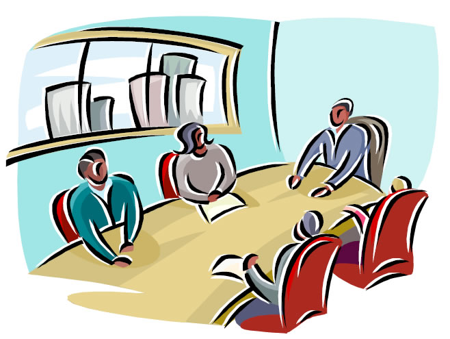 Five diverse professionals engaged in a collaborative business meeting around a conference table with cityscape view.