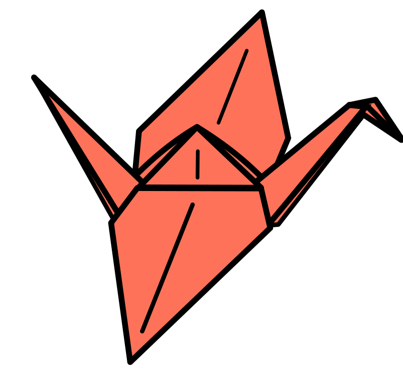 Coral-colored origami crane with black outline on black background, symbolizing peace and hope.