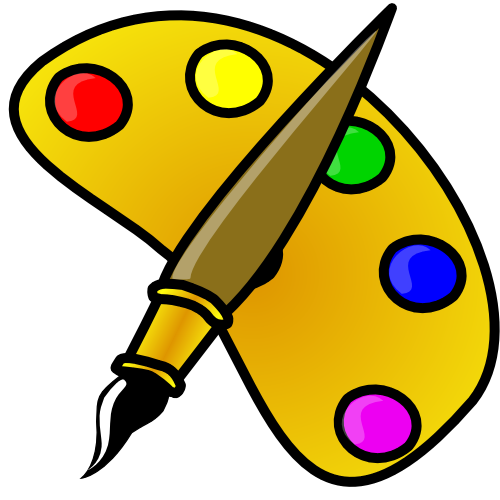 A yellow artist’s palette with red, yellow, green, blue, and magenta paint wells crossed by a brown paintbrush with a golden ferrule.