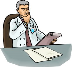 Thoughtful male doctor in white coat reviewing medical records at desk, hand on chin in contemplation.