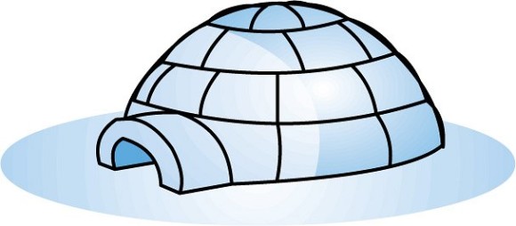 A cartoon-style blue igloo with a domed snow-block structure and arched entrance on a snowy base.