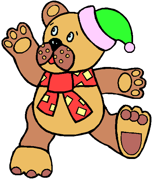 Cheerful cartoon bear wearing a green Santa hat and red scarf, waving happily.