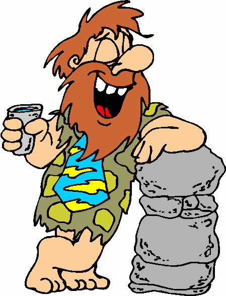 Cartoon caveman with bushy red hair and beard, wearing animal-skin tunic, grinning while holding a cup and leaning on stacked stones.