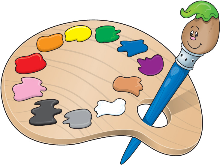 Cartoon paintbrush with smiling face resting on a wooden artist’s palette filled with colorful paint blobs.