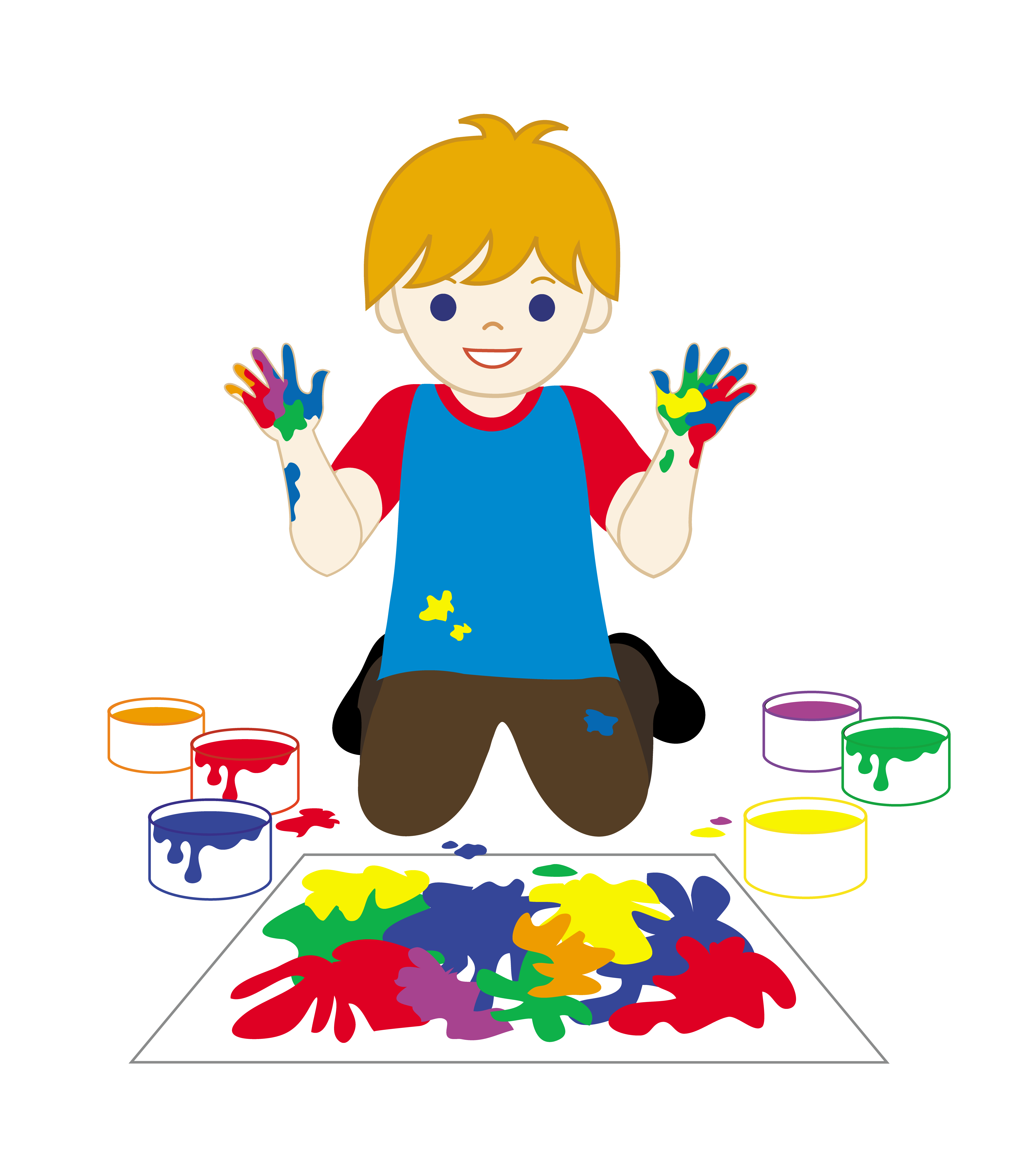 Happy child with colorful paint on hands and clothes, kneeling beside open paint pots and a messy canvas.