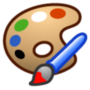 Wooden paint palette with colorful paint dots and a blue-handled brush蘸ing red paint.