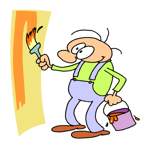 Cartoon man painting a wall with orange paint, holding a brush and bucket.