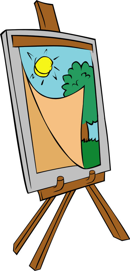Cartoon easel with a landscape painting showing sun, tree, and hill under a blue sky.