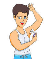 Man applying deodorant to his underarm while smiling, wearing a white tank top and blue shorts.