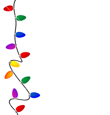 Colorful Christmas string lights with red, green, blue, purple, yellow, and orange bulbs on a black wire against white background.