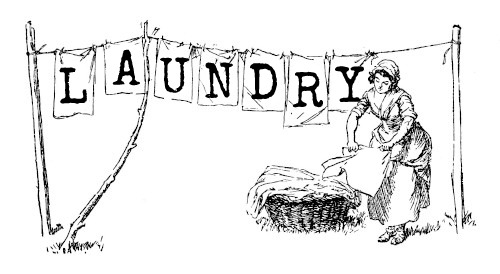 Vintage illustration of a woman doing laundry outdoors with clothesline spelling "LAUNDRY".