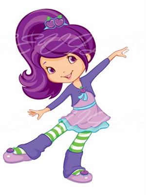 Purple-haired cartoon girl in a playful dance pose, wearing striped leggings and a pink dress with green accents.