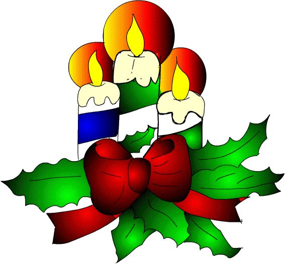 Three lit Christmas candles with red, green, and blue stripes, adorned with holly leaves and a red bow.