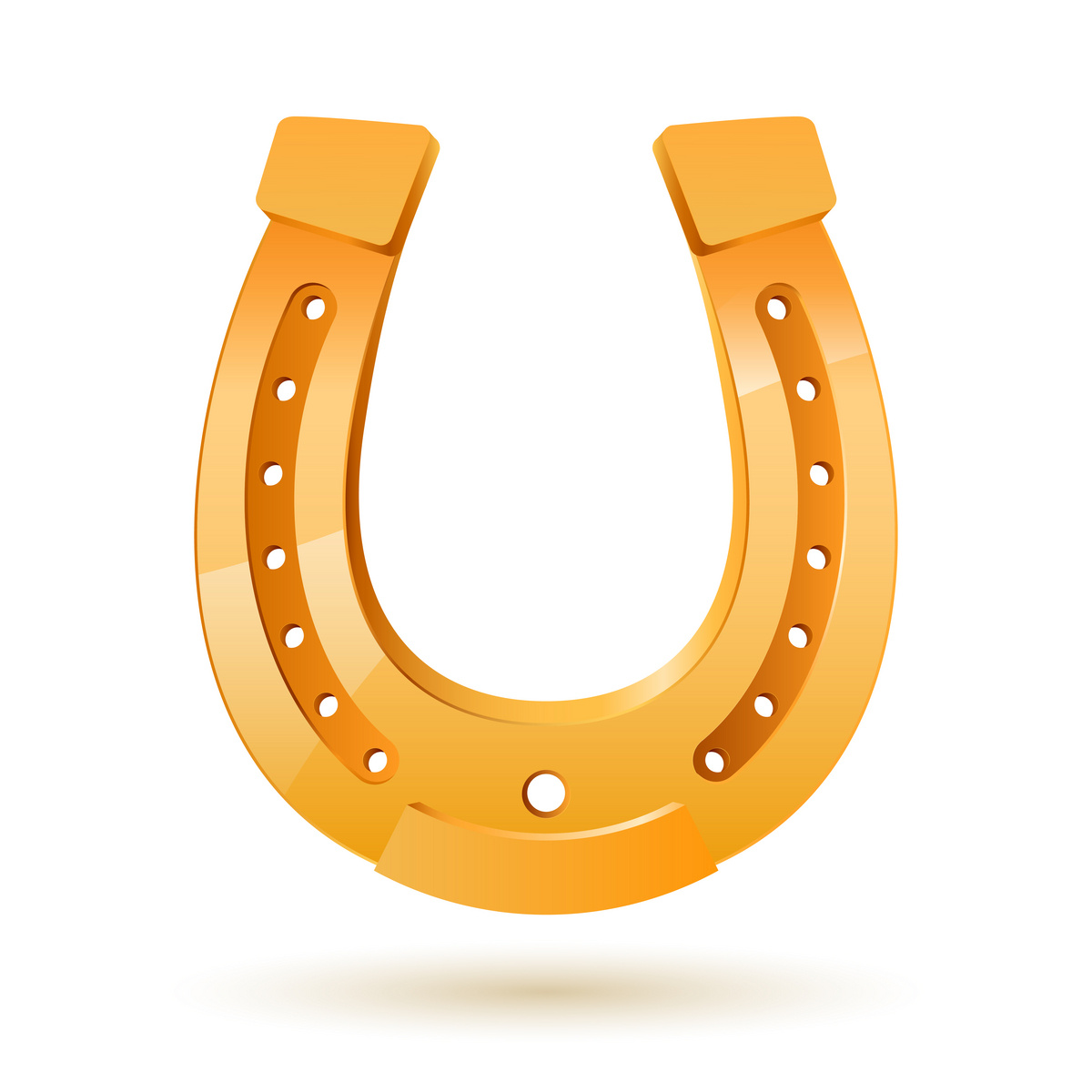 Shiny golden horseshoe with U-shape, nail holes, and reflective surface on white background.